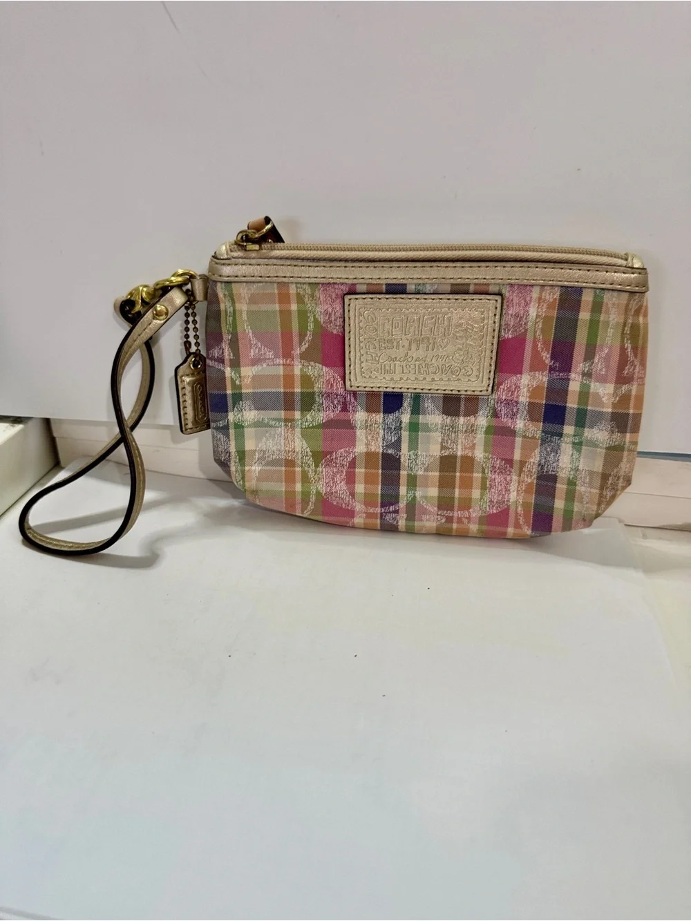 Coach Pastel Plaid Wristlet in Pink, Green & Tan Madras with hangtag